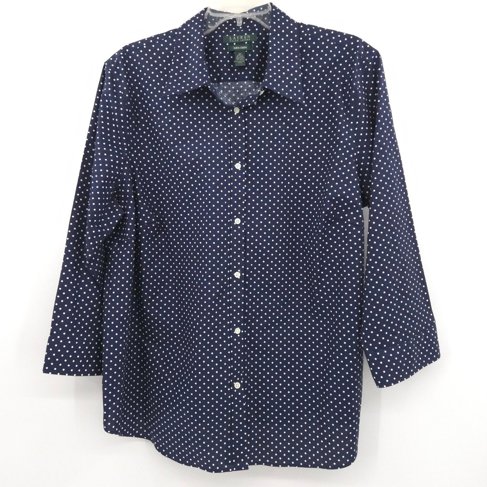 Lauren Ralph Lauren  Non-Iron Button Down Women 2X Navy Polka Dot 3/4 Sleeve Top